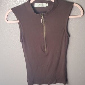 Brown Sleeveless Top with Zipper